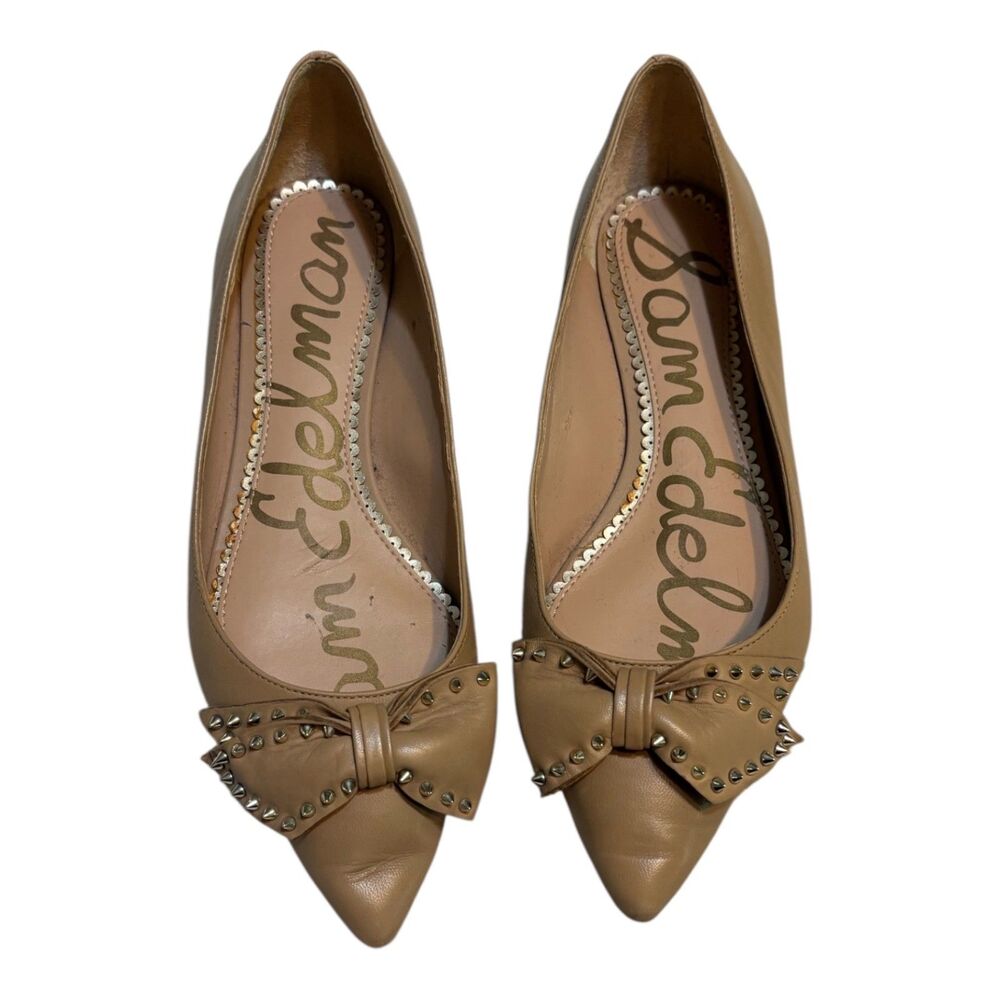 Sam Edelman Studded Bow Pointed Toe Flats Tan Leather Size 7.5